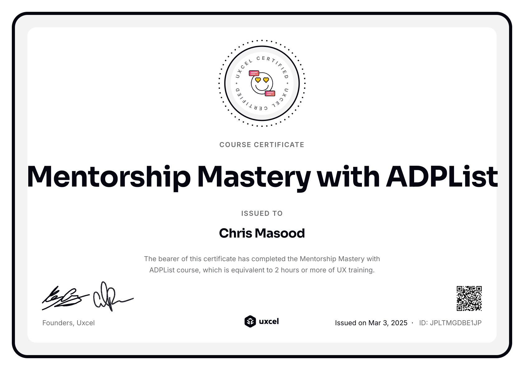 Chris Masood's certificate